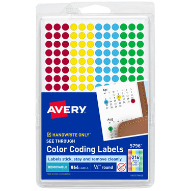 Avery See-Through Color-Coding Removable Labels, 1/4 Inch Round Labels, Assorted Translucent Colors, Non-Printable, 864 Dot Stickers Total (5796)